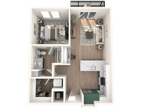 A 3D floor plan of a small apartment with a kitchen, living room, and bathroom.